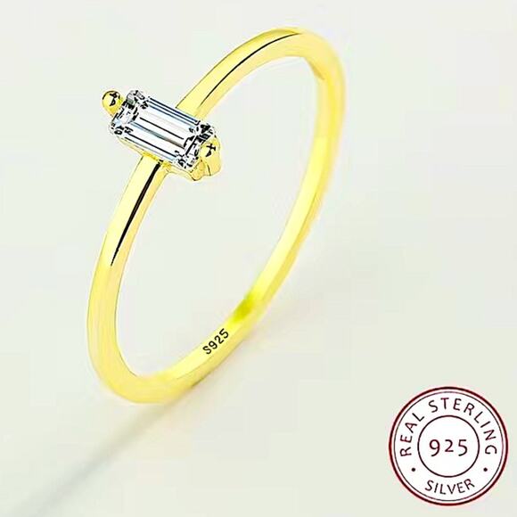 Gold Rectangular Cubic Zircon Ring Minimalist, Dainty Diamond - Picture 6 of 6